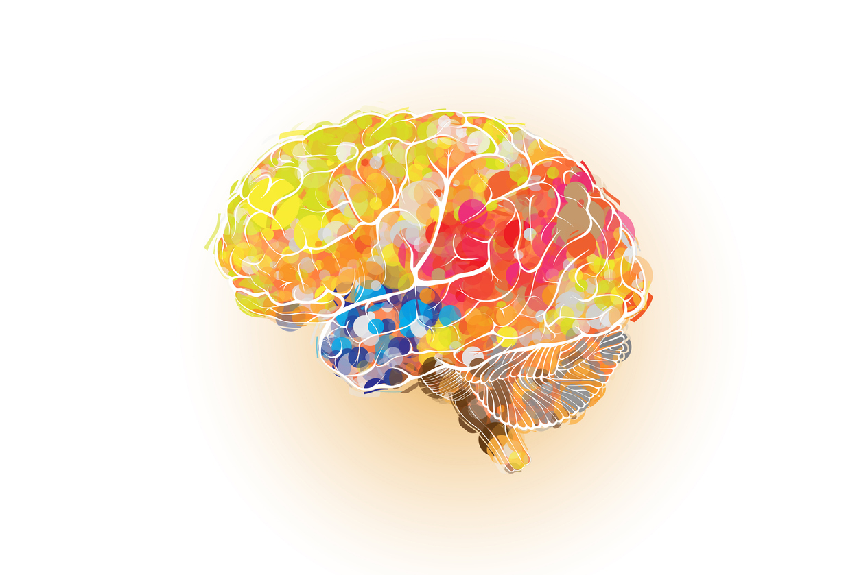 The outline of a human brain filled with brightly colored particles